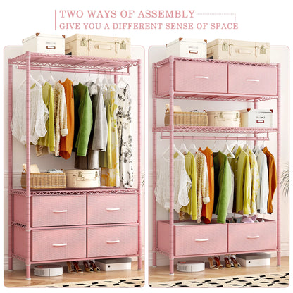 71" H Clothes Rack with Fabric Drawers, Freestanding Garment Rack with Metal Wire Shelf, Pink