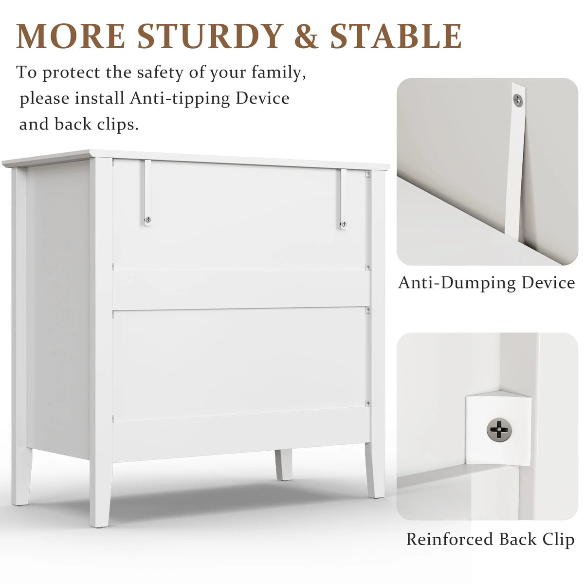 May Color Large White 3 Drawer Dresser Set of 2 with Fluted Panel, Modern Chest of Drawers with Silent Slide Drawers, Wood Accent Nightstand with Storage for Bedroom Living Room, Hallway