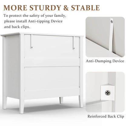 May Color Large White 3 Drawer Dresser Set of 2 with Fluted Panel, Modern Chest of Drawers with Silent Slide Drawers, Wood Accent Nightstand with Storage for Bedroom Living Room, Hallway