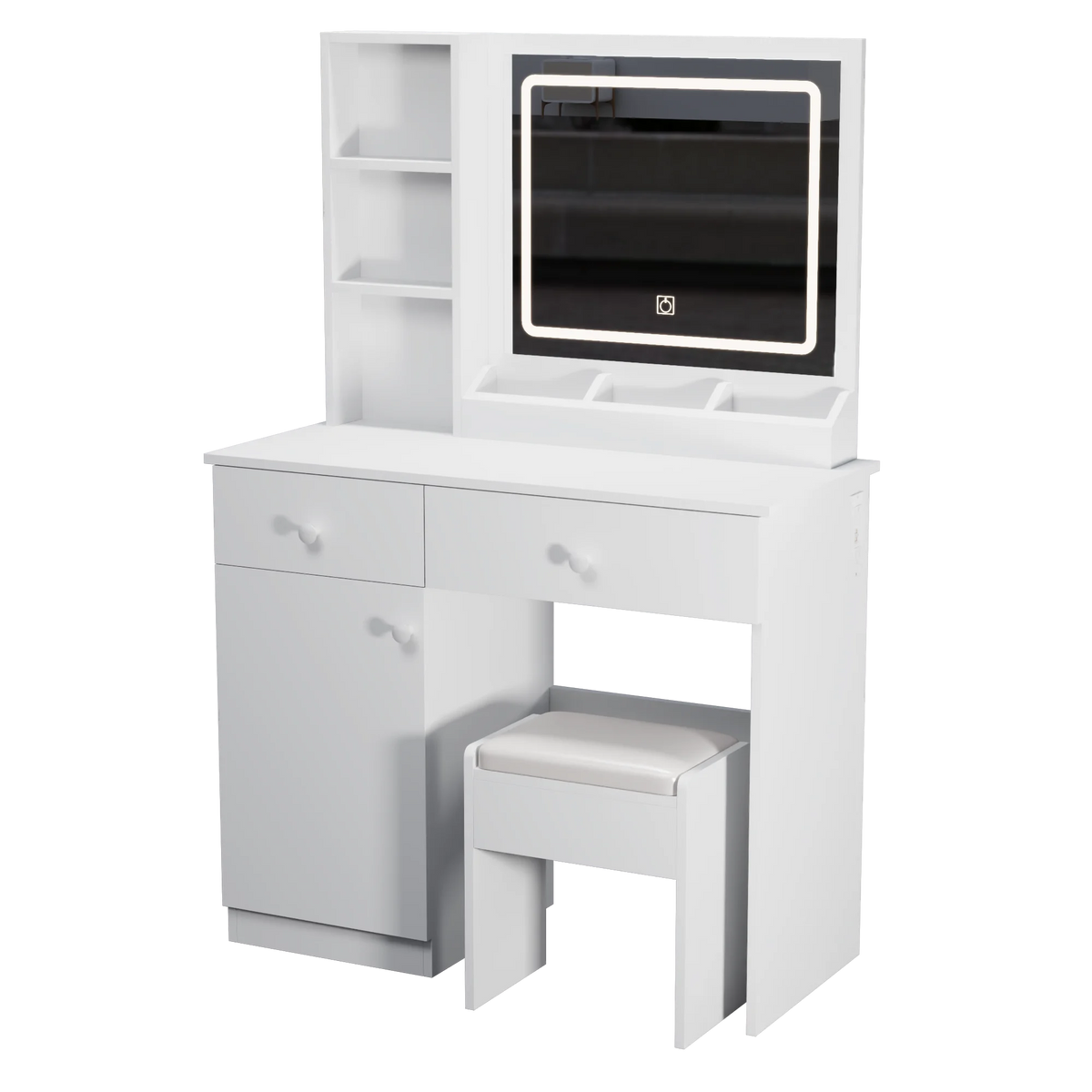 Montary Modern Mini Vanity w/Adjustable LED Mirror + Hidden Storage, Padded Stool & Dustproof Shelves (White)