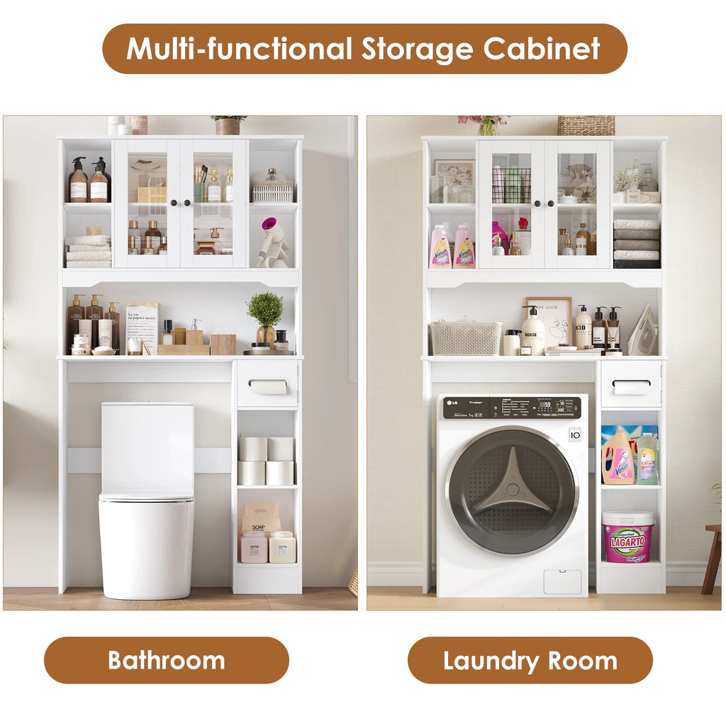 Homfa Over The Toilet Storage Cabinet with Toilet Paper Holder Stand, Above Toilet Organizer with Glass Doors, Behind Toilet Shelf for Restroom, Bathroom, Laundry, White
