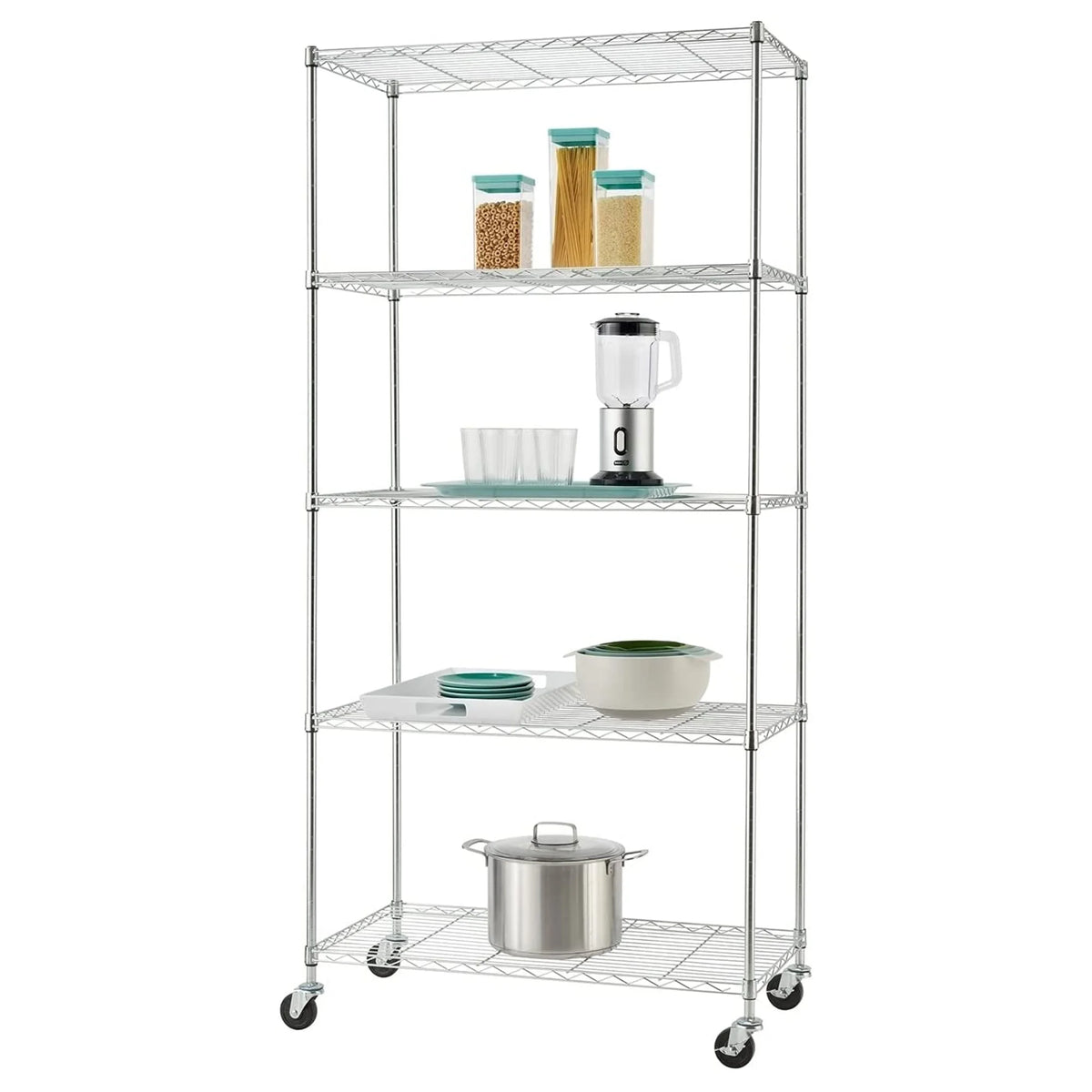 TRINITY BASICS EcoStorage 5 Tier Adjustable Wire Shelving w/ Wheels, Chrome