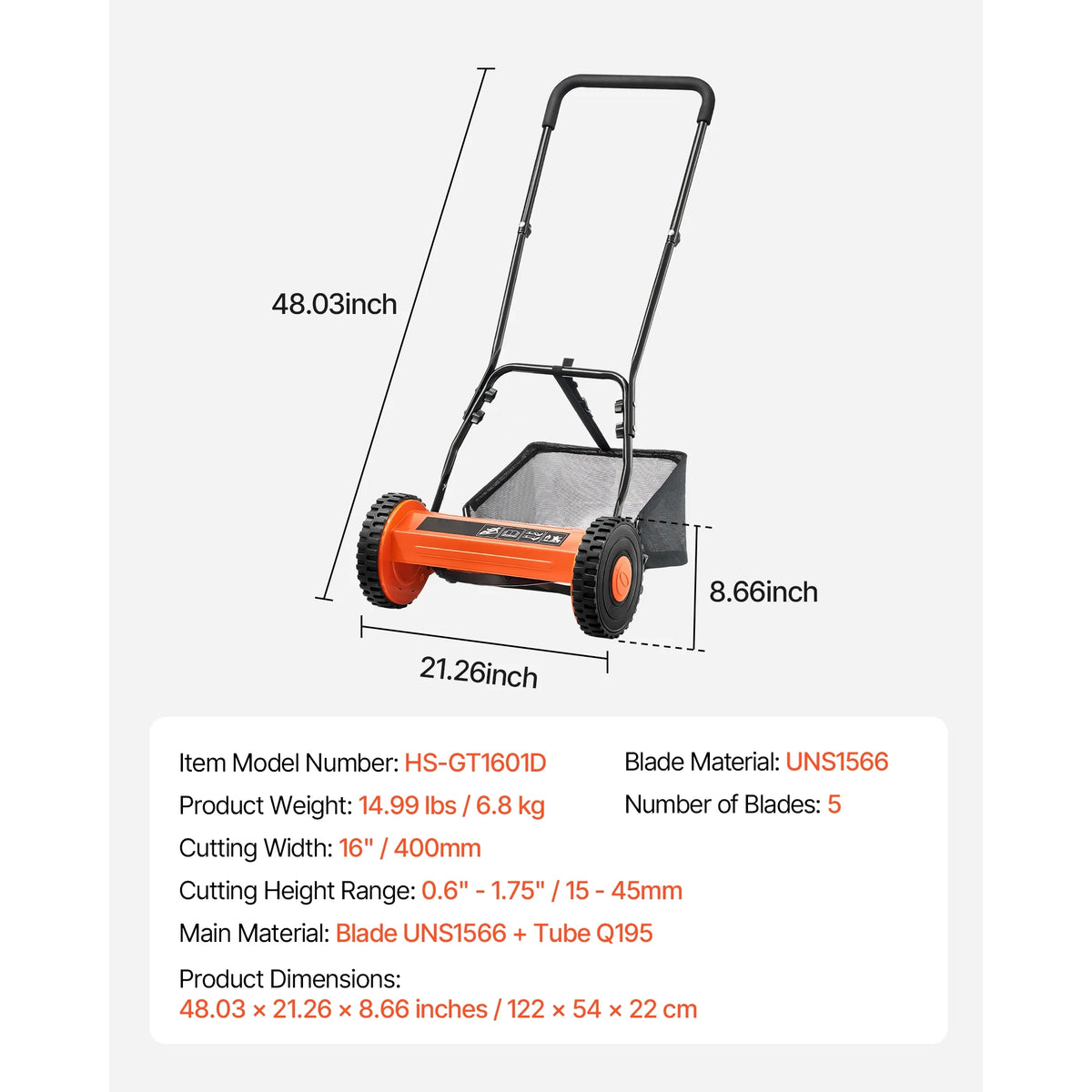 KFFKFF 16-Inch Manual Push Reel Lawn Mower, 5-Blade Design, Adjustable Cutting Height from 0.6 to 1.75 Inches, Walk-Behind Mower with Grass Collection Bag for Lawns, Driveways, and Courtyards