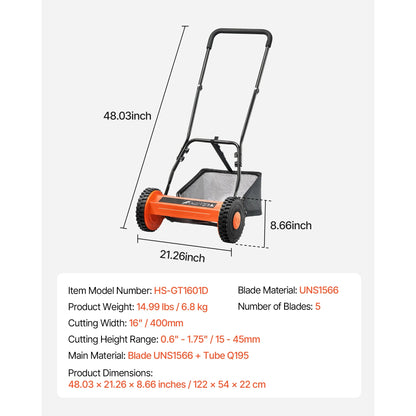 KFFKFF 16-Inch Manual Push Reel Lawn Mower, 5-Blade Design, Adjustable Cutting Height from 0.6 to 1.75 Inches, Walk-Behind Mower with Grass Collection Bag for Lawns, Driveways, and Courtyards