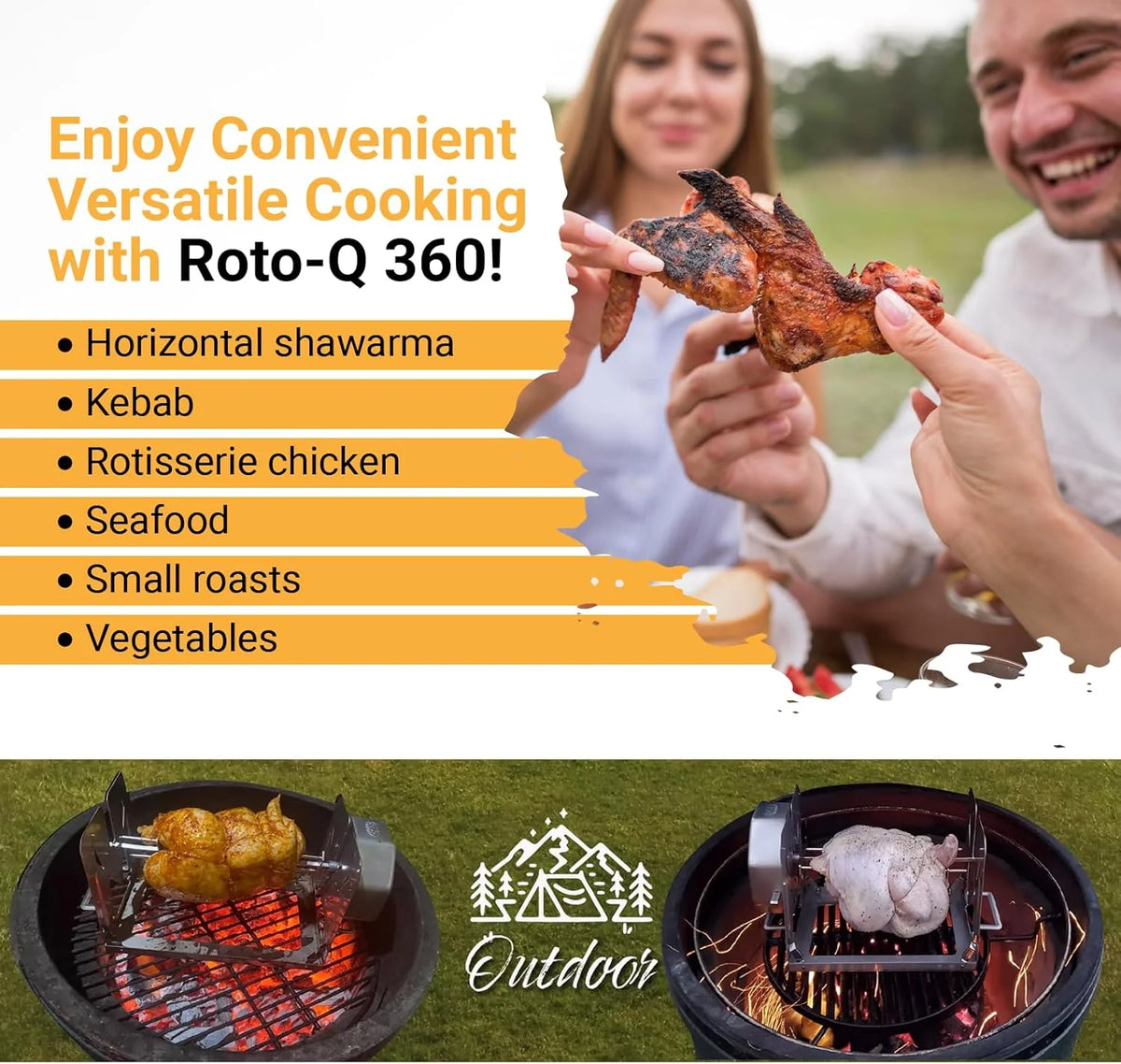 ROTO-Q 360 Cordless Stainless Steel Rotisserie Kit - Non-Electric for Grills, Ovens, BBQ, Smokers - Indoor/Outdoor