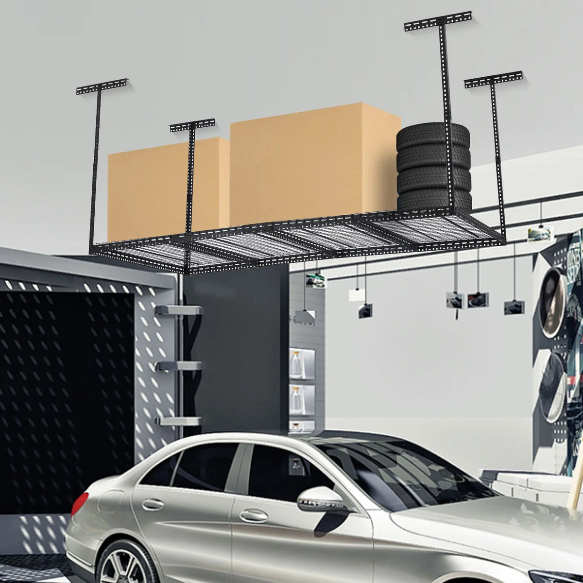 Overhead Garage Storage Rack - Heavy Duty 300kg Capacity, Adjustable 56-100cm Height, 180x120cm Black Steel Shelving with Hooks for Garage Organization