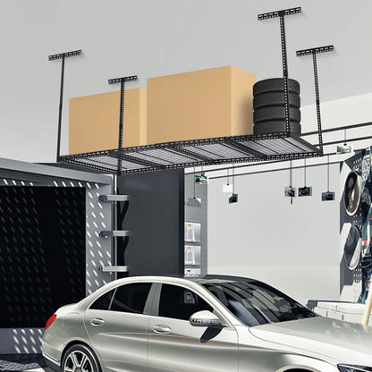 Overhead Garage Storage Rack - Heavy Duty 300kg Capacity, Adjustable 56-100cm Height, 180x120cm Black Steel Shelving with Hooks for Garage Organization