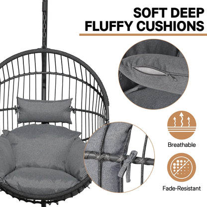 Indoor Outdoor Swing Egg Chair with Stand, Patio Foldable Grey Wicker Rattan Hanging Chair with Cushion, Light Gray