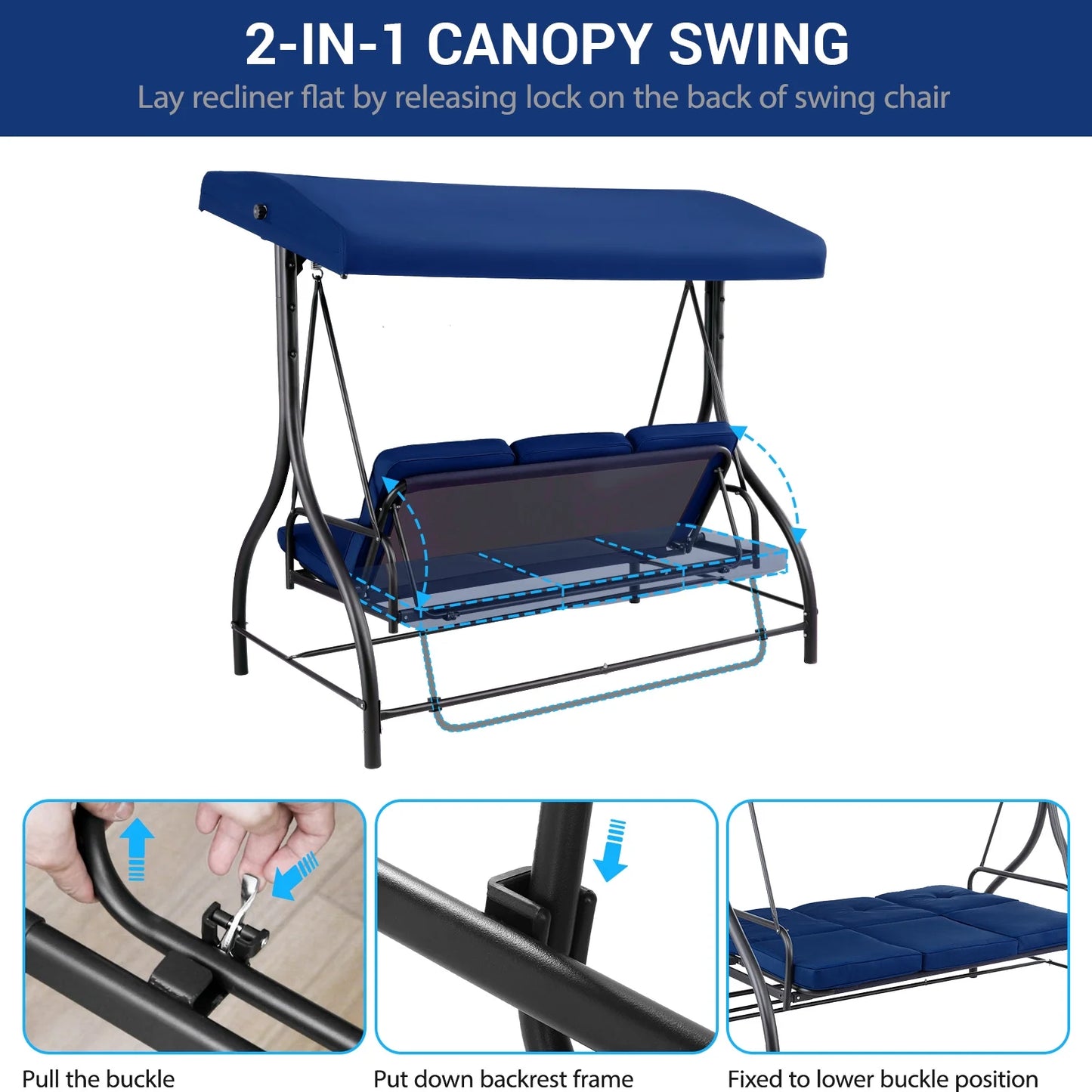 Arlopu 3 Person Porch Swing Outdoor Converting Canopy Swing Glider with Canopy