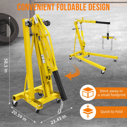 GARVEE 2 Ton Folding Hydraulic Engine Hoist with Lever,Folding Engine Shop Crane Hoist Lift,Heavy Cherry Picker with 6 Wheels for Garage,Workshop,Yellow
