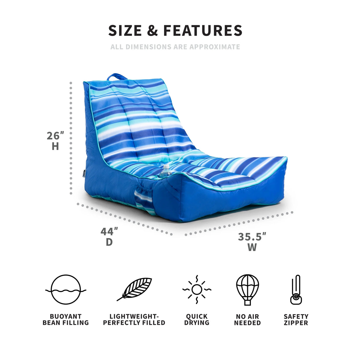 Big Joe Captain's Float No Inflation Needed Pool Lounger with Drink Holder, Blurred Blue Double Sided Mesh, Quick Draining Fabric, 3 feet