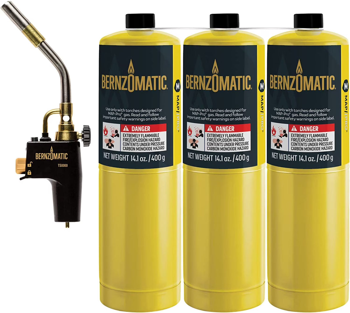 Bernzomatic Map Pro Gas Cylinder 3-Pack with Max Performance Torch TS8000