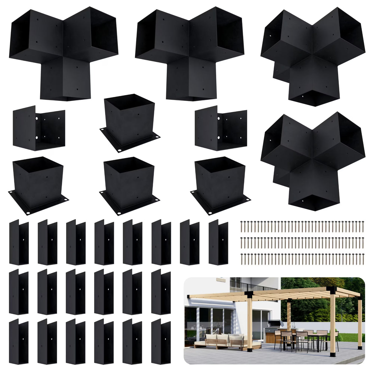 DIY Modern Deck Pergola Bracket Kit for Up to 12 x 22 Pergola Attached to Deck - Metal 6x6 Brackets for DIY Wood Pergola (Lumber Not Included)