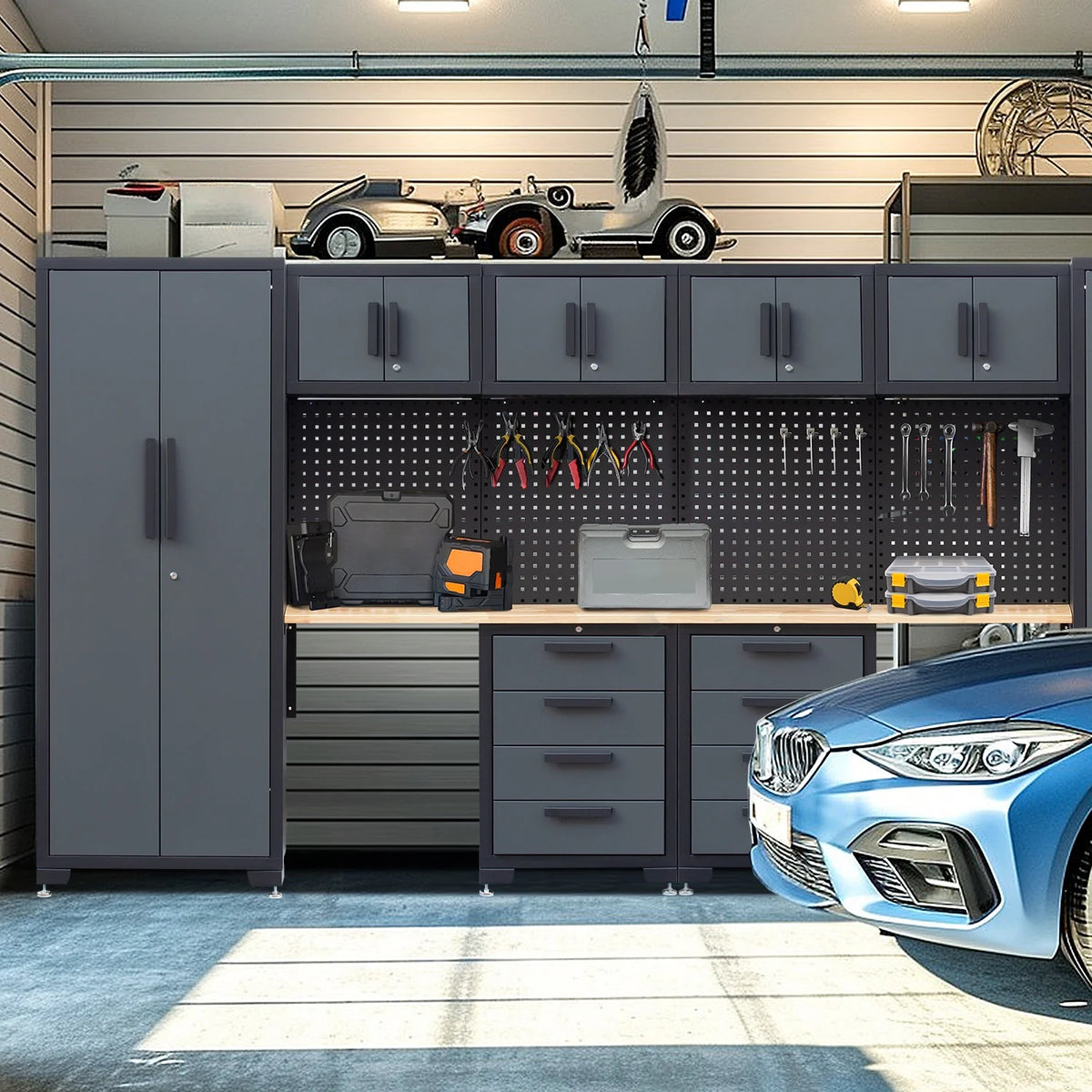 HPDMC Garage Storage Cabinet System 7-Pcs Workshop Set Metal Garage Cabinets System with Steel Cabinet Drawers, Workbench, Pegboard for Garage Tool Organization