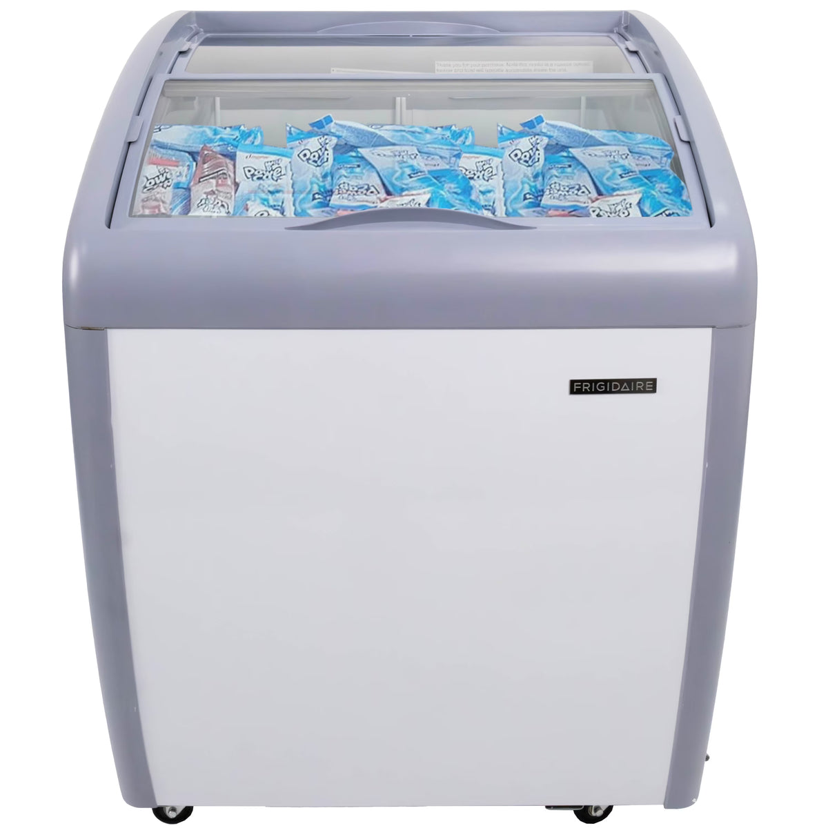 Frigidaire Commercial Chest Freezer for Ice Cream and Frozen Foods, Glass Top Display Storage Case, 4 Cu. Ft. Bin, Rolling Caster Wheels, Adjustable Temperature, Energy Efficient Cooling