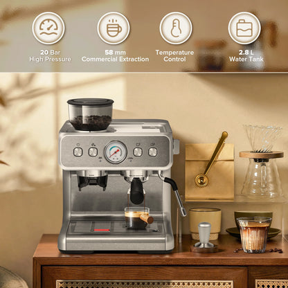 Auseo  20 Bar Automatic Espresso Coffee Maker with Grinder and Milk Frother Steam Wand, Drip Hot Coffee, 1&2 Cups, Espresso/Cappuccino/Latte/Mocha for Home, Stainless Steel