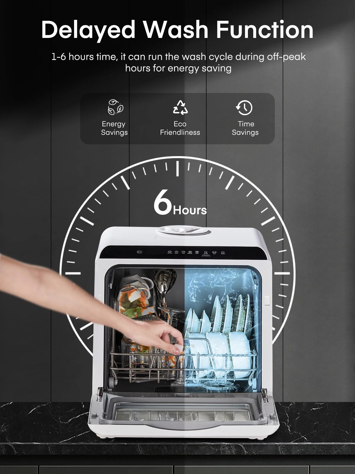 FOHERE Countertop Dishwasher with 6H Delay Cleaning, Portable Dishwasher w/5L Built-in Water Tank, 6 Programs, 360��Dual Spray, High-Temp