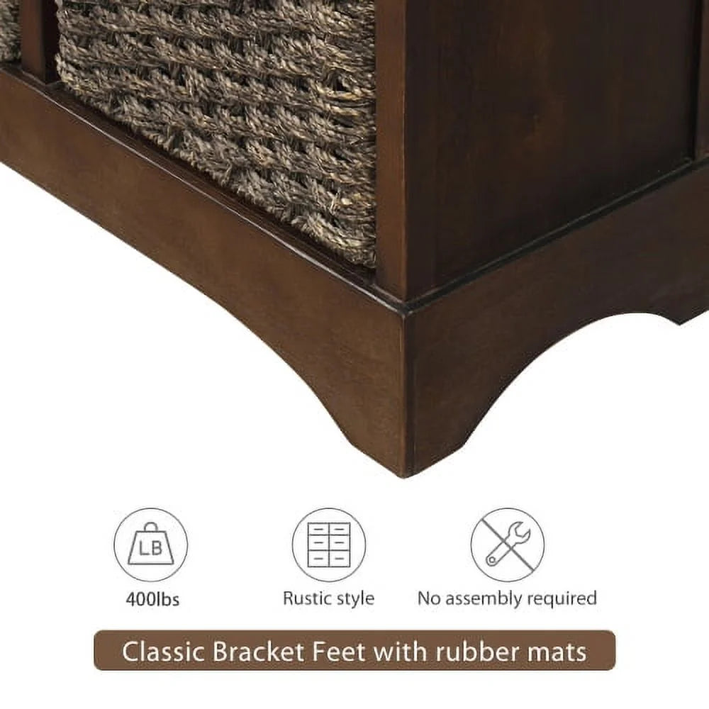 Rustic Storage Cabinet, Wood Accent Cabinet with 2 Drawers and 4 Rattan Baskets,Entryway Console Table Sofa Table for Living Room,Dining Room,White Washed