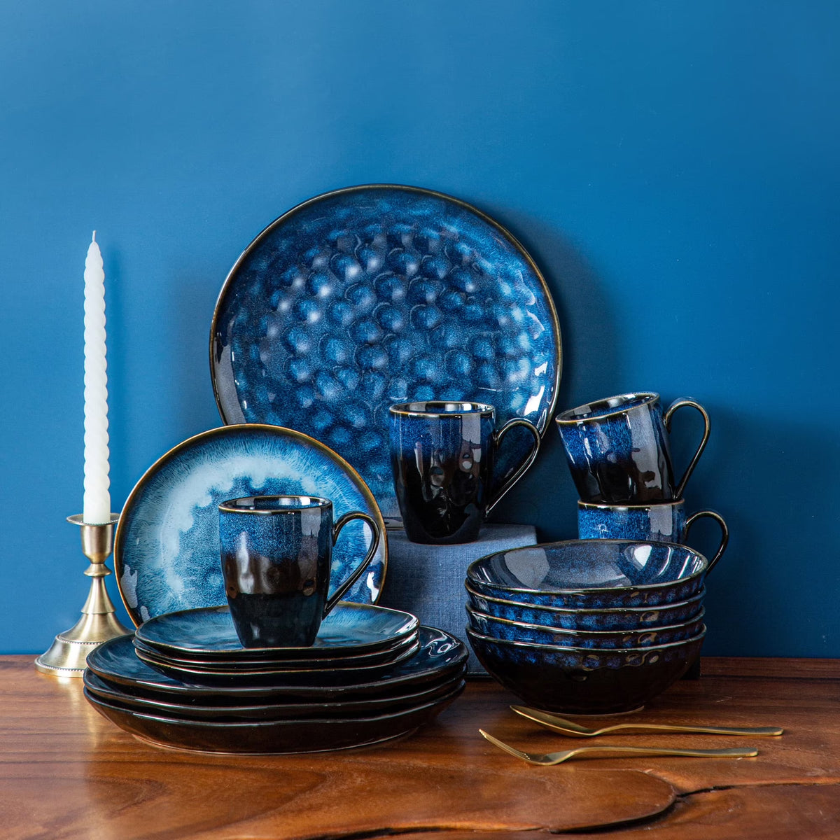 Vancasso,16-Piece Stoneware Dinnerware Set, Blue Dinner Set, Service for 4