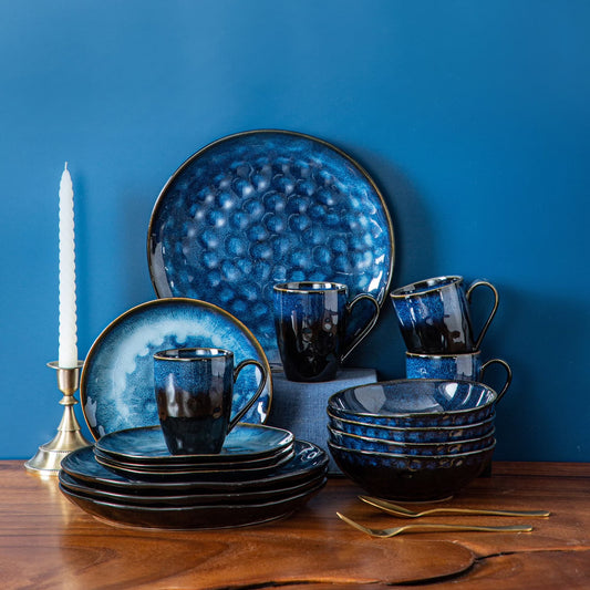 Vancasso,16-Piece Stoneware Dinnerware Set, Blue Dinner Set, Service for 4