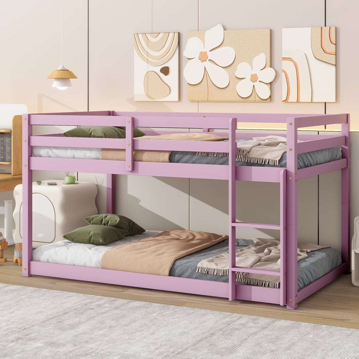 Twin Over Twin Floor Bunk Bed, UHOMEPRO Solid Wood Low Bunk Bed with Safety Rail, Ladder, Heavy Duty Bunk Beds, Space-Saving Bedroom Dorm Furniture, Gray