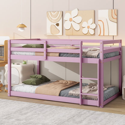 Twin Over Twin Floor Bunk Bed, UHOMEPRO Solid Wood Low Bunk Bed with Safety Rail, Ladder, Heavy Duty Bunk Beds, Space-Saving Bedroom Dorm Furniture, Gray