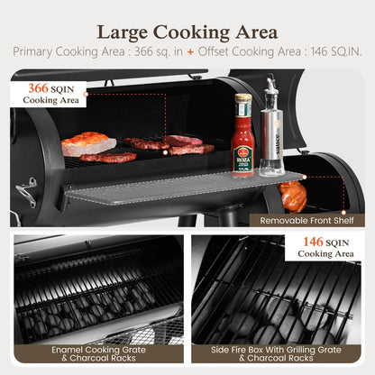 Alpha Joy Steel BBQ Charcoal Grill with Offset Smoker in Black