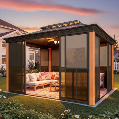 EROMMY 10'x 12' Sunroom, with Front Door, Side Entrance, Galvanized Steel Double Top, Wood Grain Appearance, Aluminum Alloy Frame, Solarium Backyard Sun Room