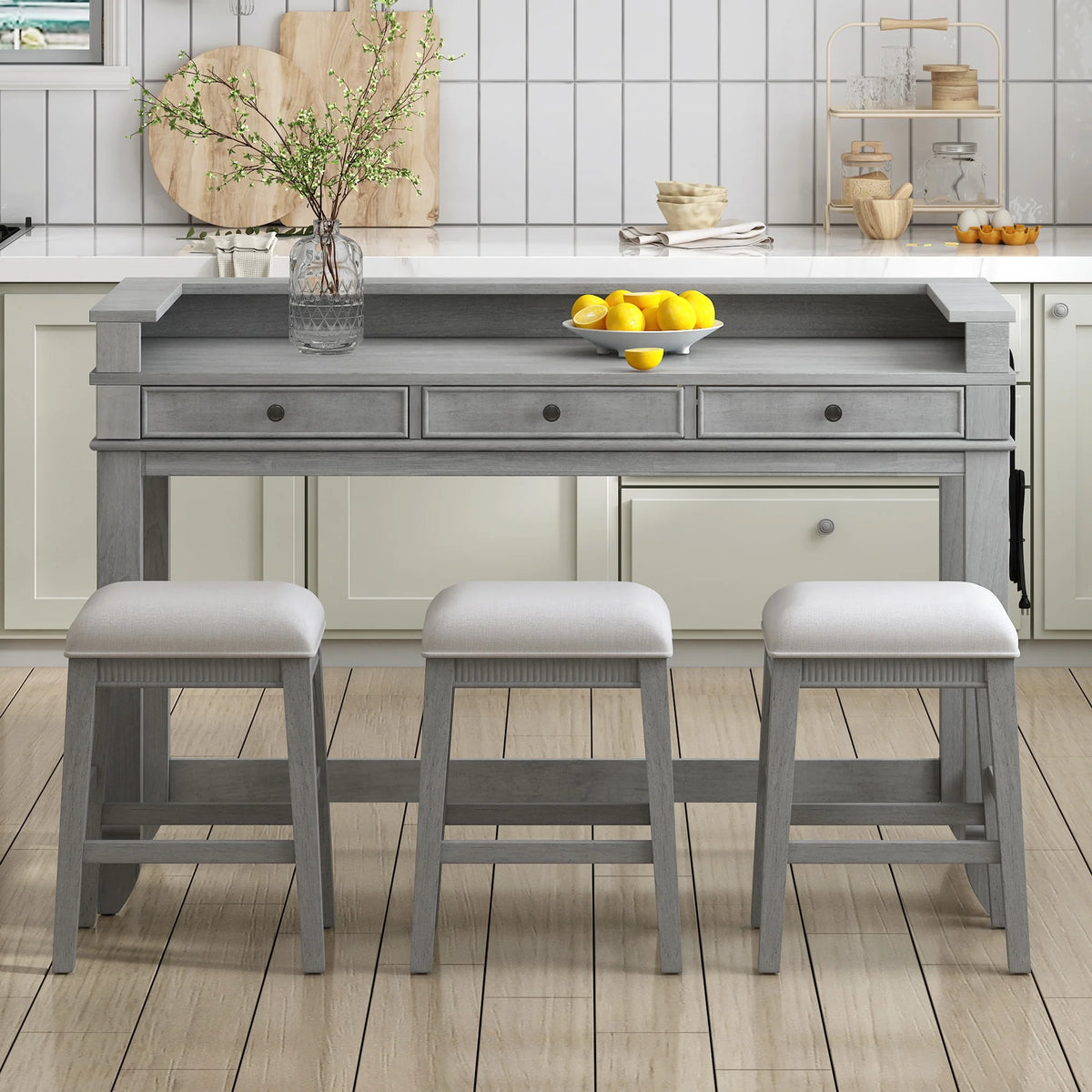 Harper & Bright Designs 4 Piece Bar Table Set for 4, Kitchen Dining Stools Set with 3 Upholstered Stools with 3 Drawers and USB Port, Gray