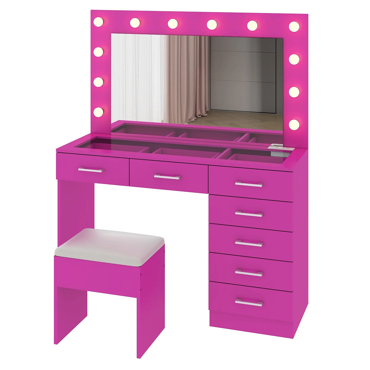 Ktaxon Large Makeup Vanity, Vanity Table Set w/ Visible Glass Top w/ Charging Station, White