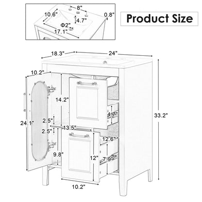 Soges 24" Bathroom Vanity with Ceramic Sink, Solid Wood Bathroom Makeup Cabinet with Door, Adjustable Shelf and 2 Drawer, Free Standing Single Basin Vanity Set for Small Bathroom, White