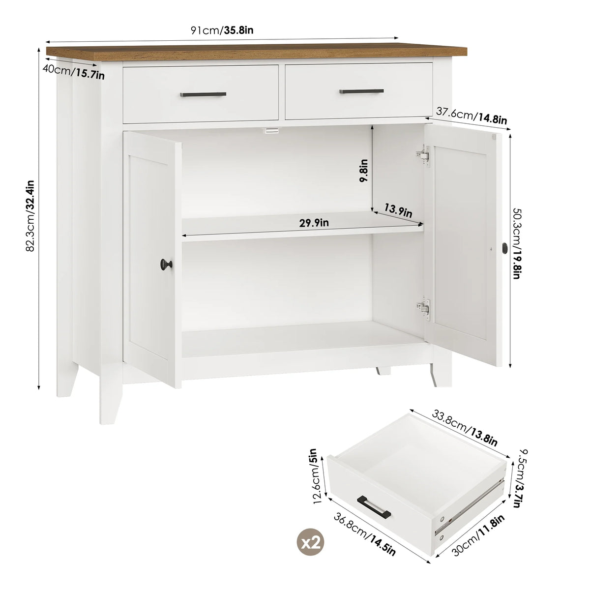 Homfa Entryway Cabinet, Kitchen Storage Cabinet, Farmhouse Buffet Sideboard with 2 Drawers and 2 Doors,Coffee Bar with Storage for Dining Room Living Room,White