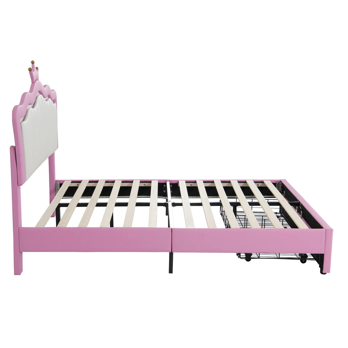 Miniyam Upholstered Twin Size Bed with LED Lights, Crown Headboard for Kids, Pink