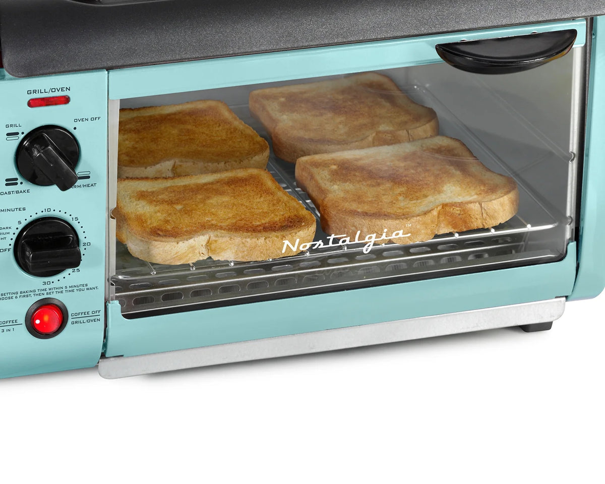 BST3AQ Retro 3-in-1 Family Size Electric Breakfast Station, Coffeemaker, Griddle, Toaster Oven - Aqua