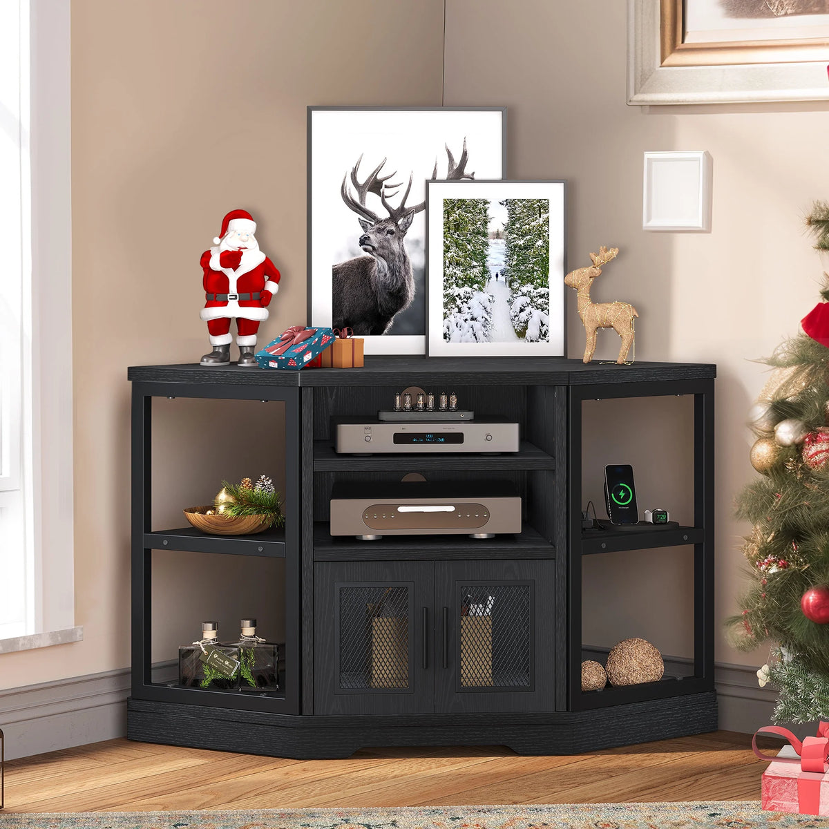 Dextrus Farmhouse Corner TV Stand for TVs up to 55 inch with Power Outlet, Wood Entertainment Center, TV Media Console with Storage, White Oak