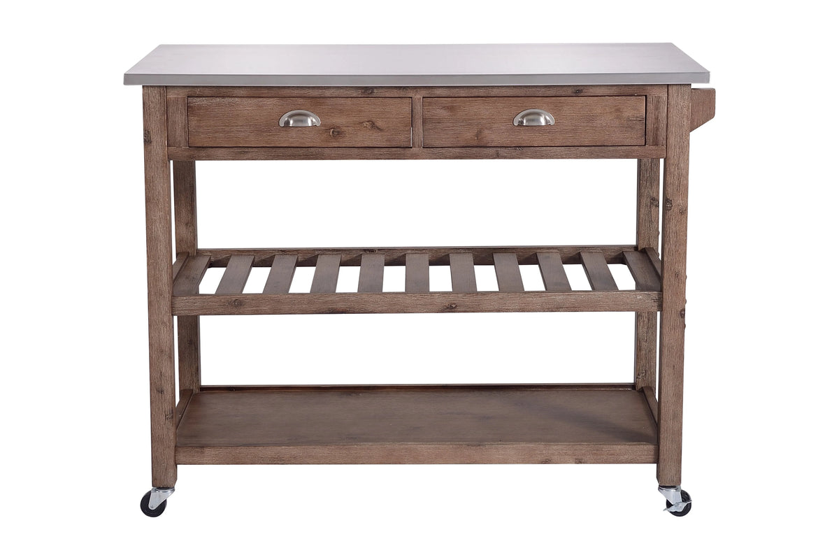Boraam Sonoma 35.75in. H Wood Kitchen Cart with Stainless Steel Top - Barnwood Wire-Brush Finish