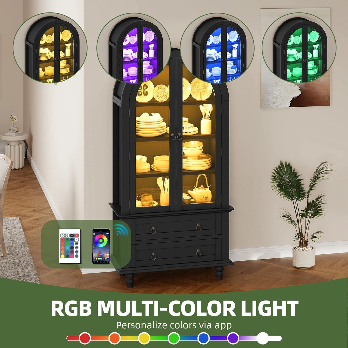 Uforic 73" Arched Pantry Cabinet with LED Light, Drawers, Shelves, Farmhouse Kitchen Storage, Black