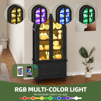 Uforic 73" Arched Pantry Cabinet with LED Light, Drawers, Shelves, Farmhouse Kitchen Storage, Black