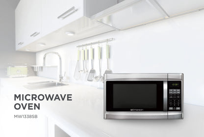 Emerson 1.3 Cu Ft 1000 Watt, Touch Control Microwave Oven, Stainless Steel/Black, MW1338SB