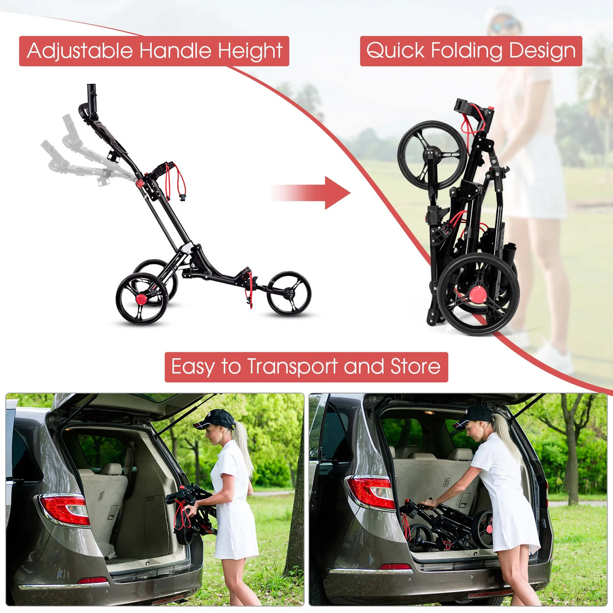 Costway Foldable 3 Wheel Steel Golf Pull Push Cart Trolley Club w/ Umbrella Holder