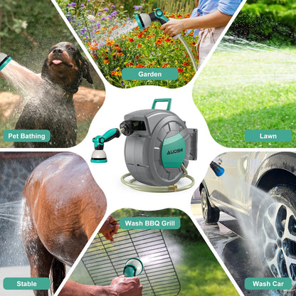 AUOSHI Retractable Garden Hose Reel 1/2" 100ft Automatic Hose Reel with 10 Function Sprayer Nozzle Wall Mount 180 Deg Swivel Bracket Hose Reel with Any Length Lock Slow Return System