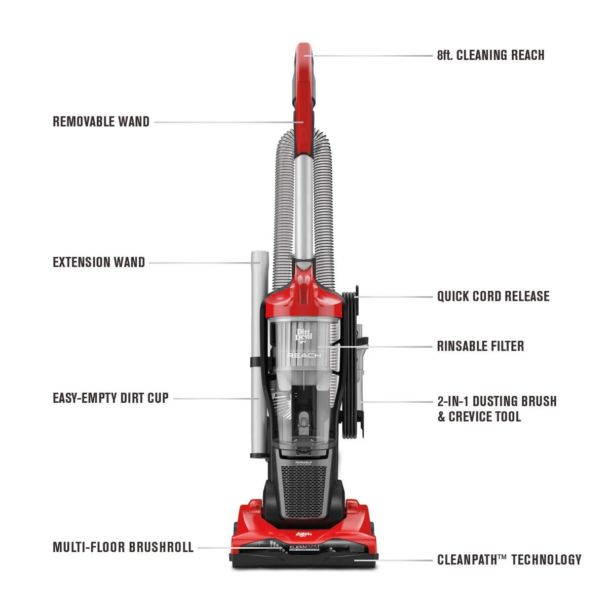 Dirt Devil Endura Reach Upright Bagless Vacuum Cleaner for Carpet and Hard Floor, Lightweight, Corded, UD20124, Red