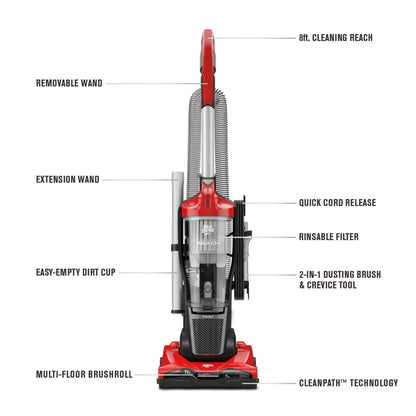 Dirt Devil Endura Reach Upright Bagless Vacuum Cleaner for Carpet and Hard Floor, Lightweight, Corded, UD20124, Red