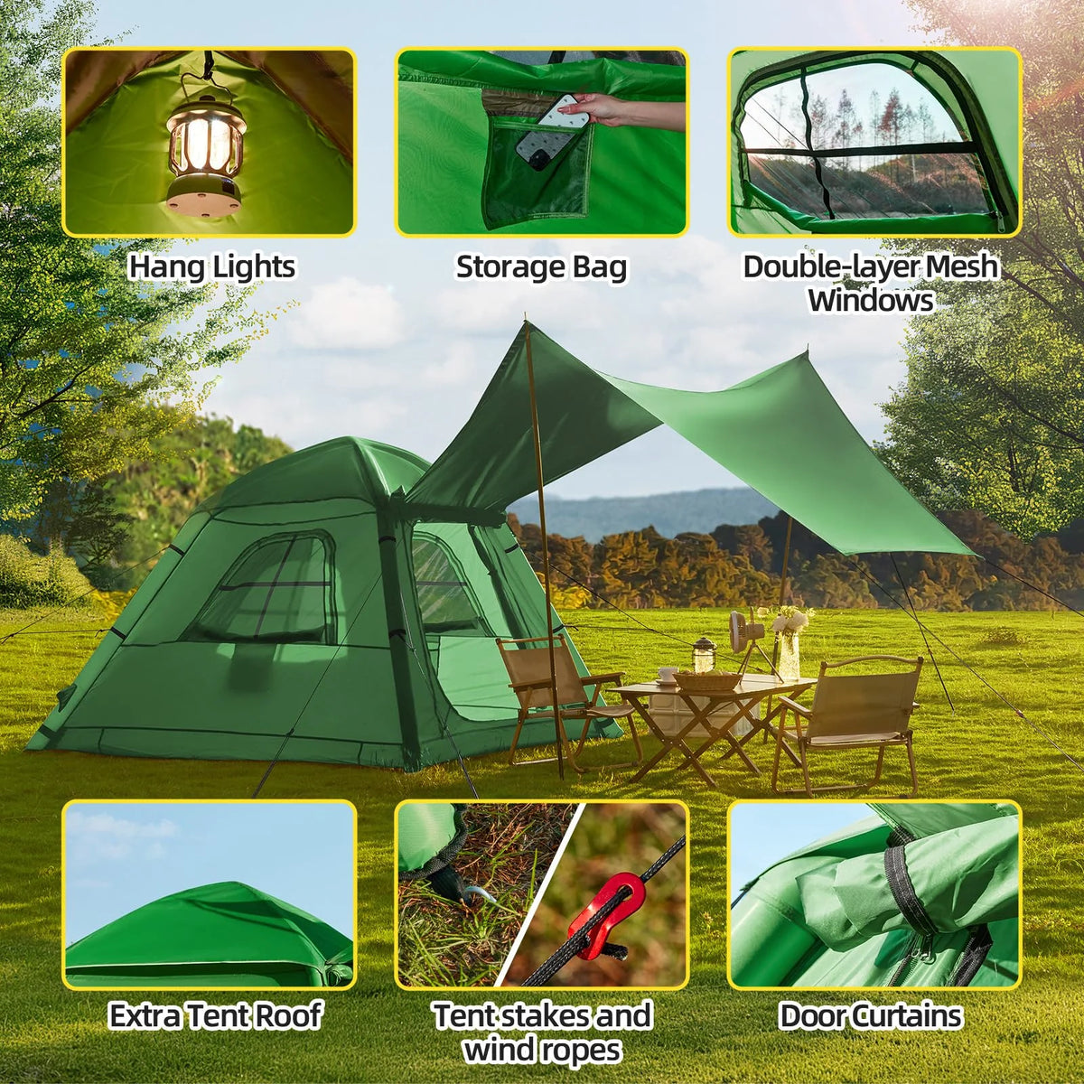 Erommy 3-4 Person Inflatable Tents for Camping with Large Rainproof Cover, Blow-Up Tent with Hand Pump, Easy Setup Tent House, Air Tent for Camping Adult,Beige