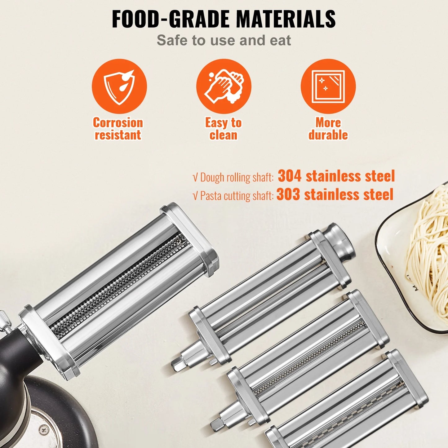 KFFKFF Pasta Maker Attachment for All Kitchenaid Mixers, Kitchen Aid Stand Mixer Set Accessories with 3 Shafts Including Dough Roller Spaghetti Cutter Fettuccine