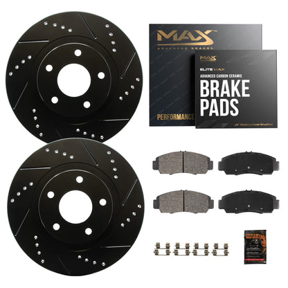 Max Advanced Brakes - Brake Kit for 2006-2011 2012 2013-2018 Dodge Ram 1500 5 Lug 2007-2009 Dodge Durango Front Replacement Cross Drilled Disc Brake Rotors and Ceramic Brake Pads