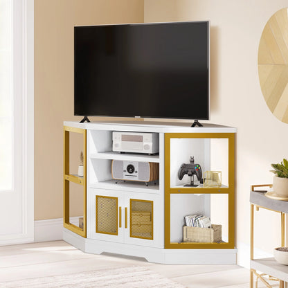 Dextrus Farmhouse Corner TV Stand for TVs up to 55 inch with Power Outlet, Wood Entertainment Center, TV Media Console with Storage, White Oak