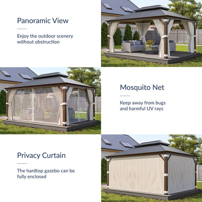 BELLEZE 12 x 16ft Hardtop Gazebo, Widen Pole Outdoor Canopy, Aluminium Frame Galvanized Steel Double Roof Waterproof Gazebo Tent with Nettings and Curtains for Patio, Backyard, Deck, Lawns, Garden