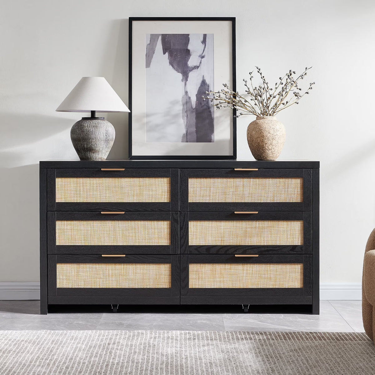 SICOTAS 56.85" 6 Drawer Dresser,Rattan Dresser with Storage,Boho Dressers & Chests of Drawers Wooden Tall  Dresser for Bedroom