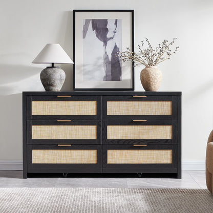 SICOTAS 56.85" 6 Drawer Dresser,Rattan Dresser with Storage,Boho Dressers & Chests of Drawers Wooden Tall  Dresser for Bedroom